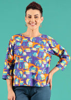 Cotton colourful house print top 3/4 sleeves