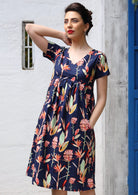A-line Floral Navy background pink and green toned native Floral Printed 100% Cotton