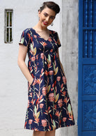 Etta Dress V-neck Short Sleeve Cotton Dress | Karma East Australia fitted bodice empire pleats from under bust a-line skirt with side pockets