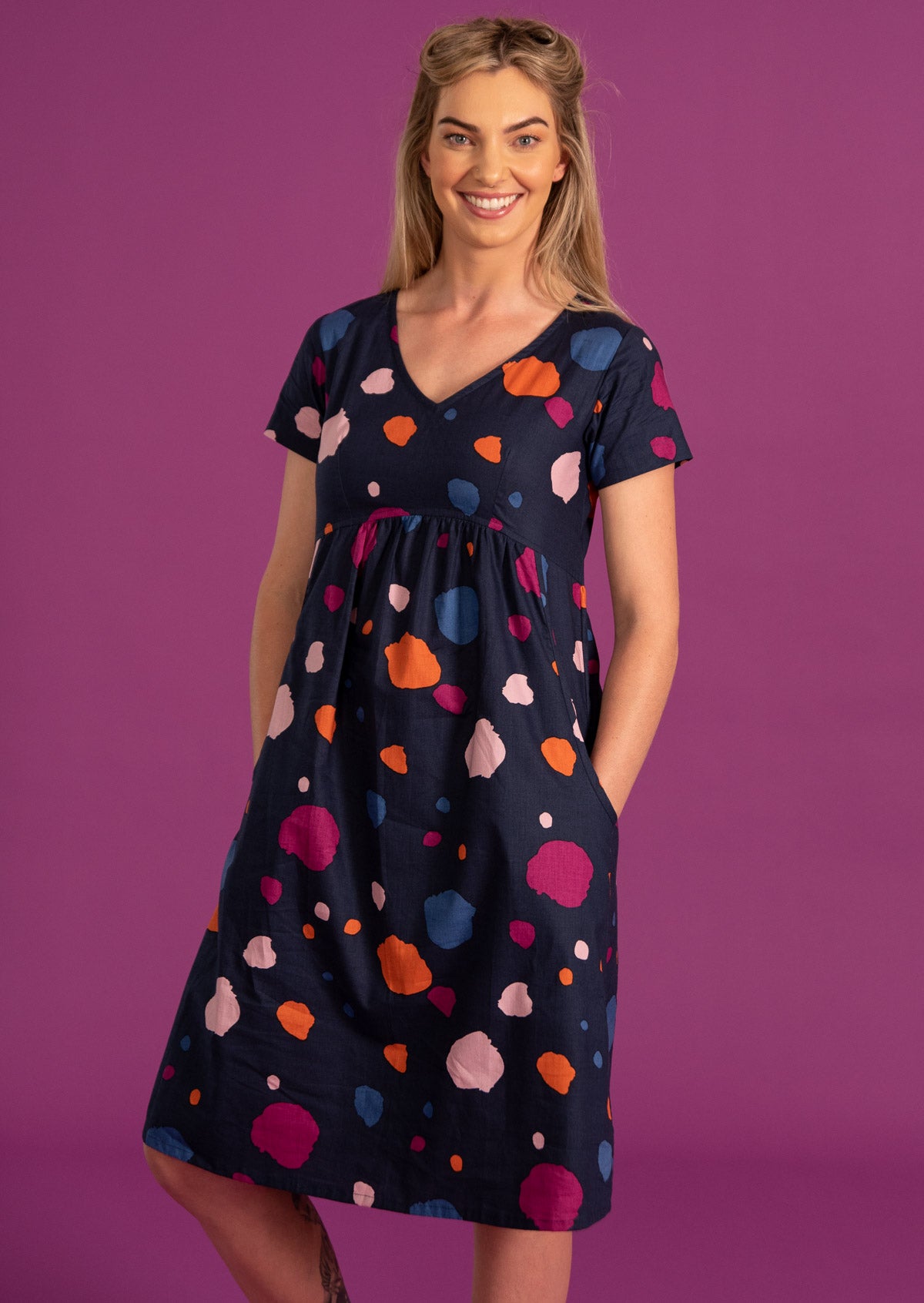 Etta Dress Bold Colourful Printed Cotton Dresses | Karma East Australia short sleeve fitted bodice v-neck empire waistline pleated under bust a-line skirt side pockets