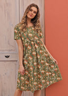 100% cotton short sleeve relaxed fit dress with small gathers under bust