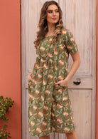 Stunning green based floral print cotton short sleeved dress with pockets