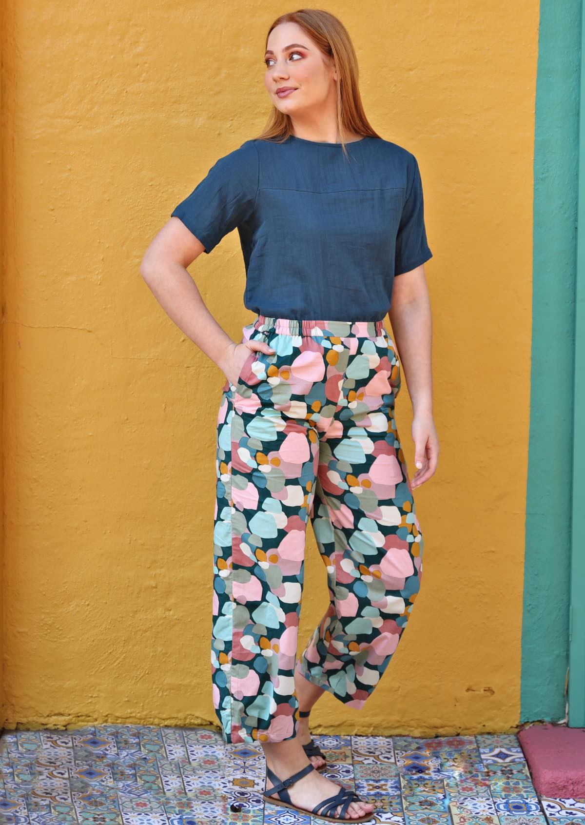100% Indian cotton printed women's pants   in pastel spotty print 