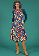 Harper Dress Around the Houses 100% cotton colourful print 3 tiered sleeveless dress with pockets | Karma East Australia