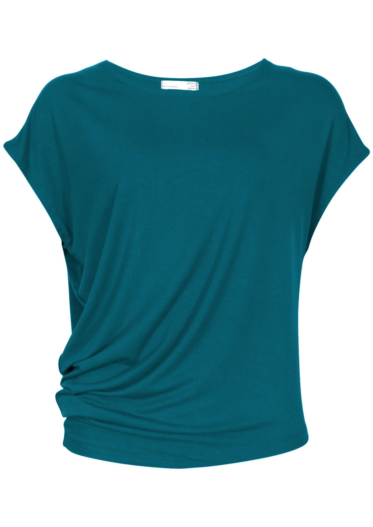 short sleeve simple women's top with asymmetrical hemline creating gathering at side