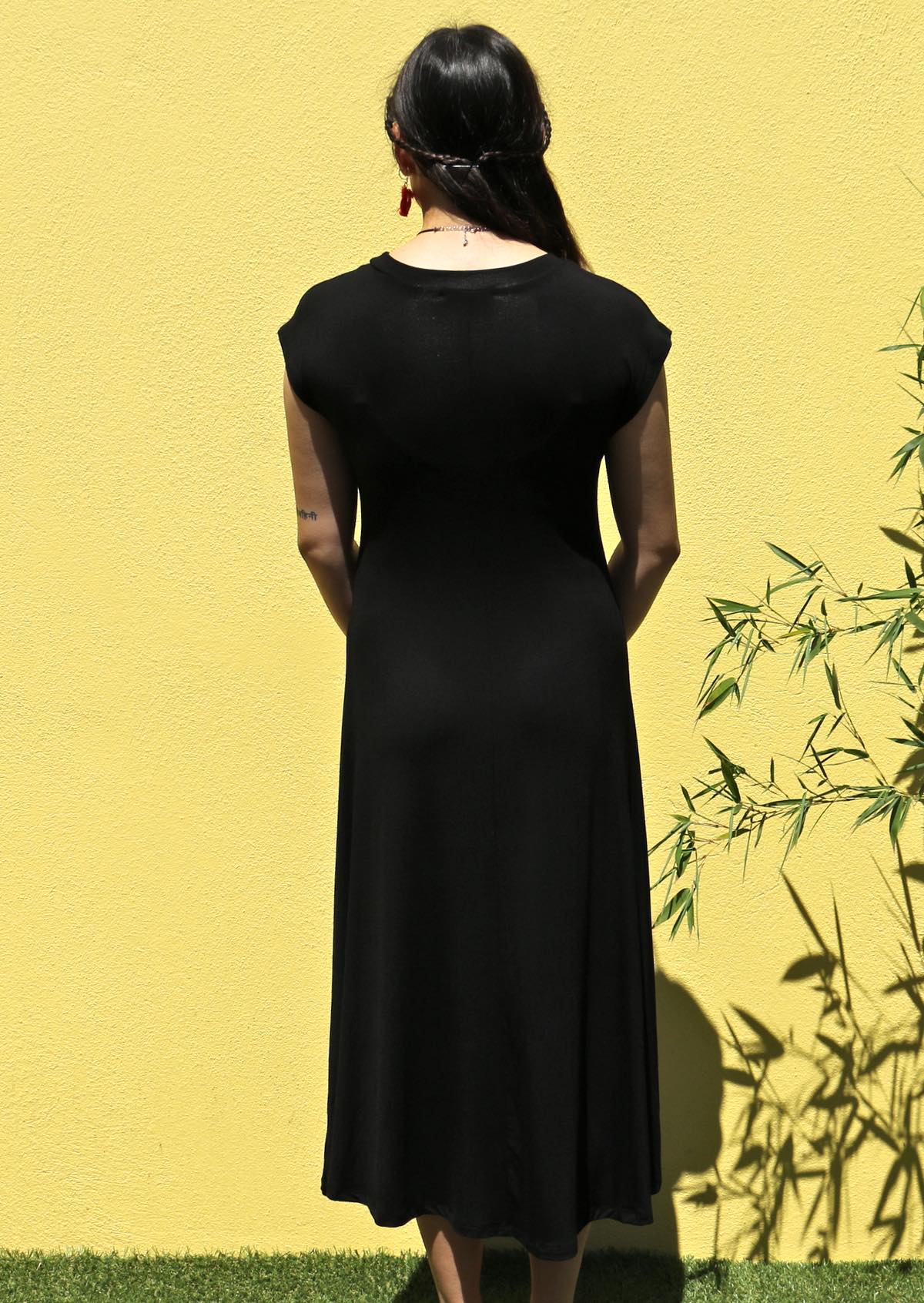 Back View Black Stretch Rayon Midi Dress