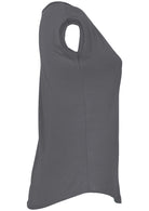 Side view of short cap sleeve women's rayon dark grey top.