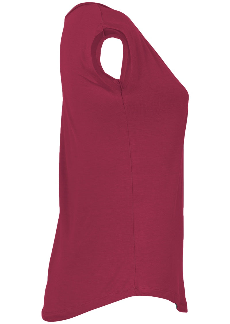 Side view of a women's maroon v-neck short cap sleeve rayon top