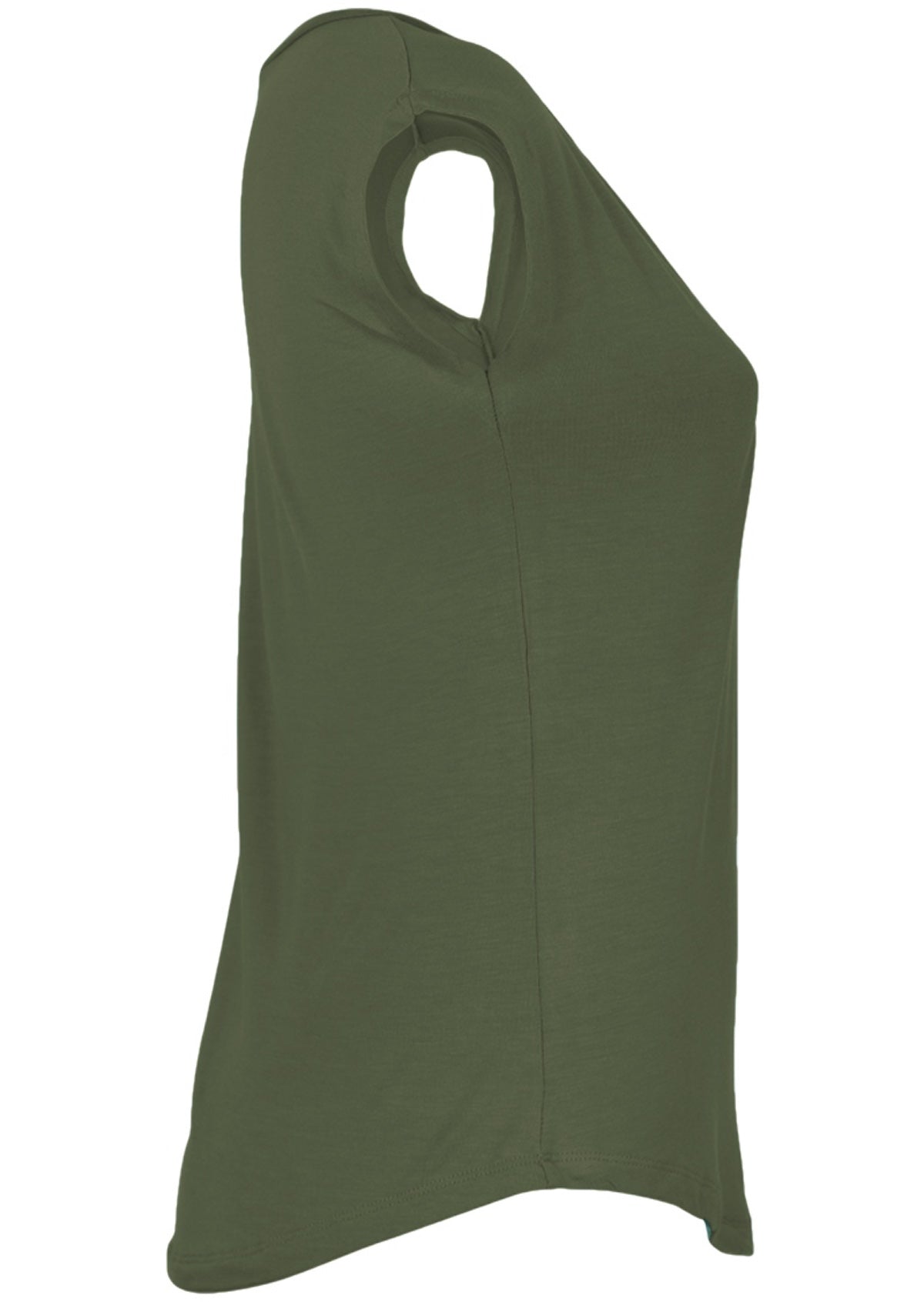 Side view of a women's olive green v-neck short cap sleeve rayon top