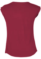 Back view of a women's maroon v-neck short cap sleeve rayon top