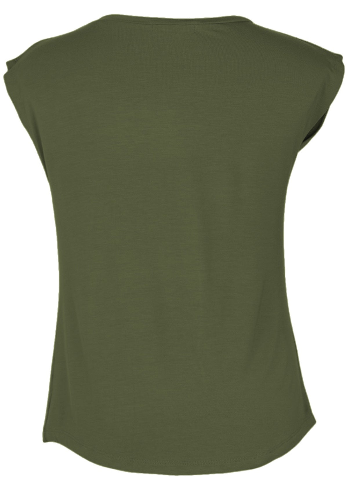 Back view of a women's olive green v-neck short cap sleeve rayon top