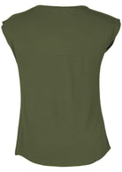 Back view of a women's olive green v-neck short cap sleeve rayon top