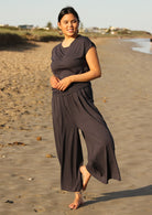 Wide Leg Stretch Pocket Pant wide leg elasticated back waistband front pleats pockets low crotch soft stretch rayon dark grey | Karma East Australia