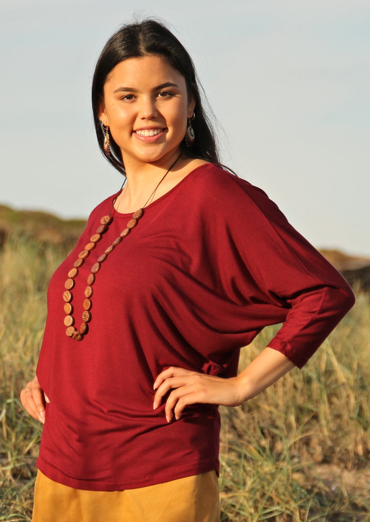 3/4 Sleeve Batwing Top round neckline 3/4 sleeve length batwing loose fitted bodice fits on hips Soft Stretch Rayon maroon | Karma East Australia