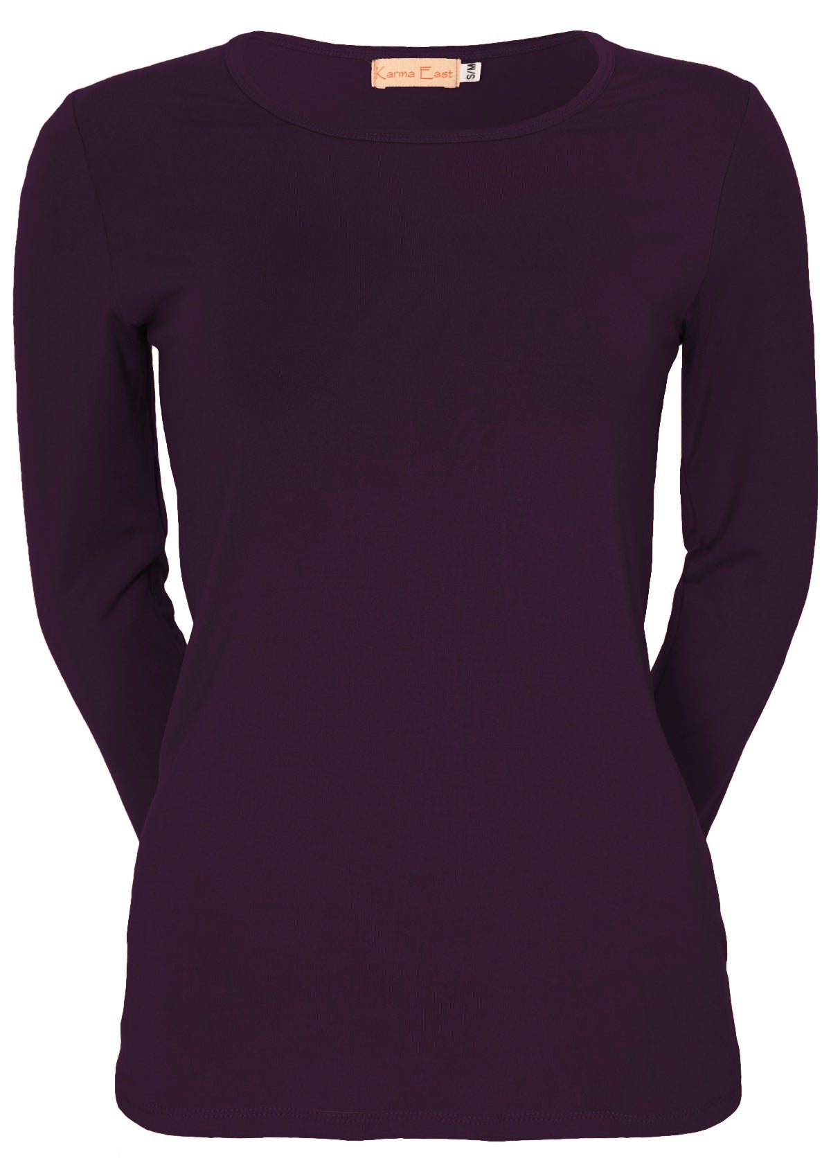 Front view of women's round neck purple long sleeve rayon top.