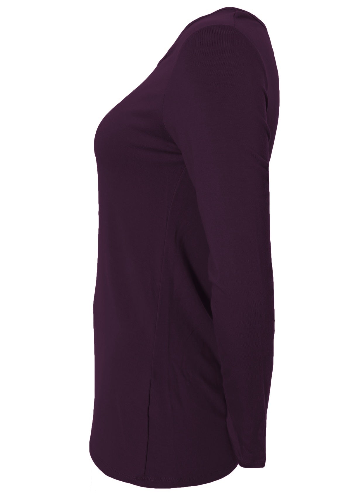 Side view of women's round neck purple long sleeve rayon top.