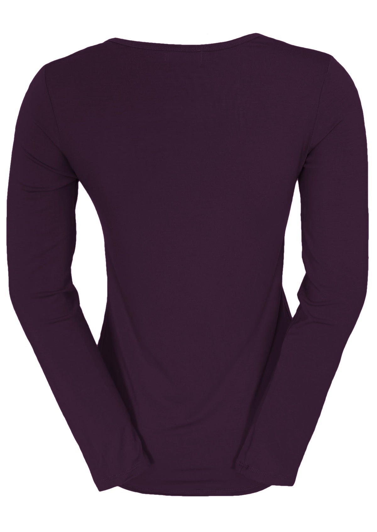 Back view of women's round neck purple long sleeve rayon top.