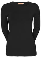 Front view of women's round neck black long sleeve rayon top.