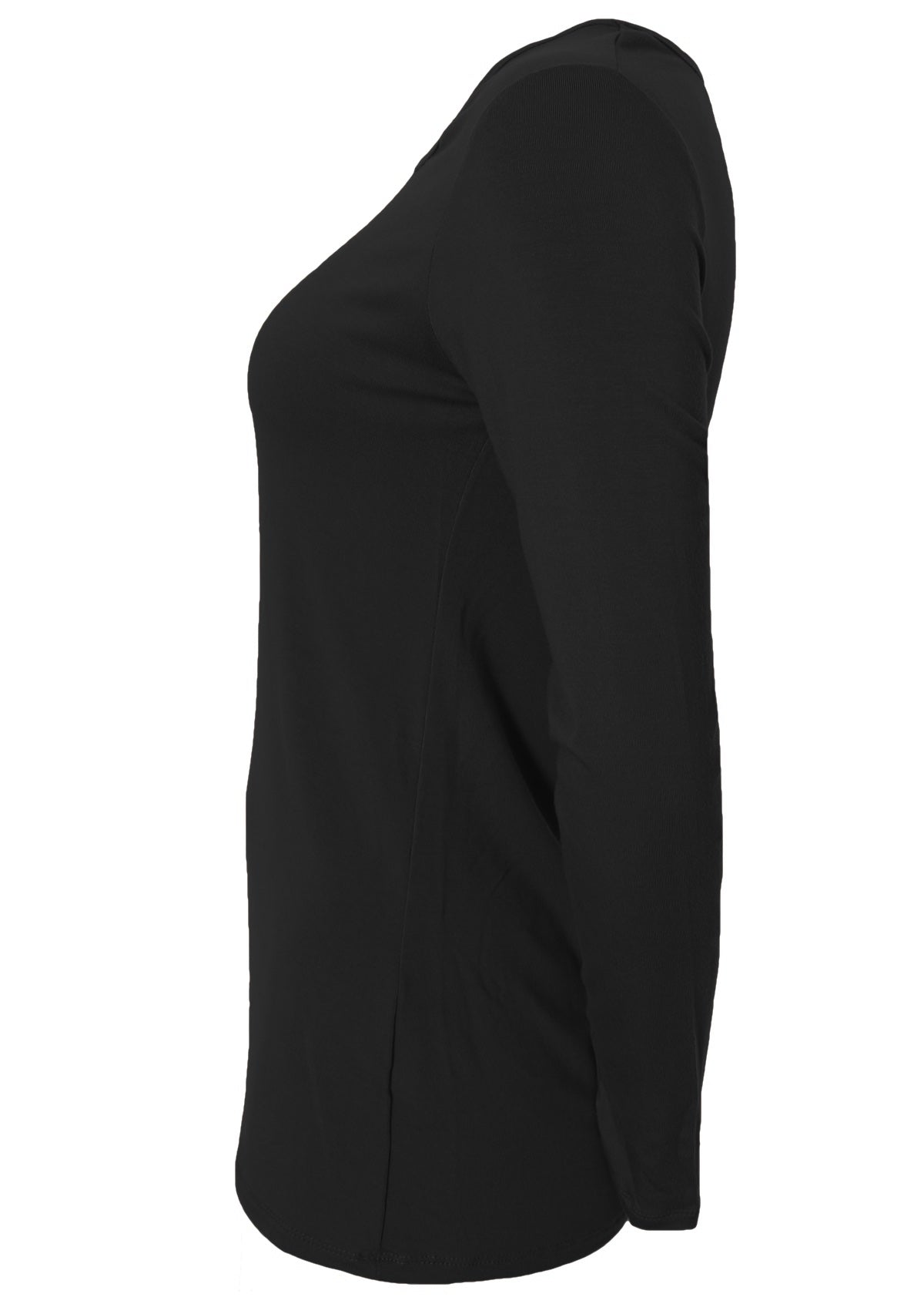Side view of women's round neck black long sleeve rayon top.