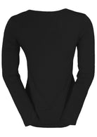 Back view of women's round neck black long sleeve rayon top.