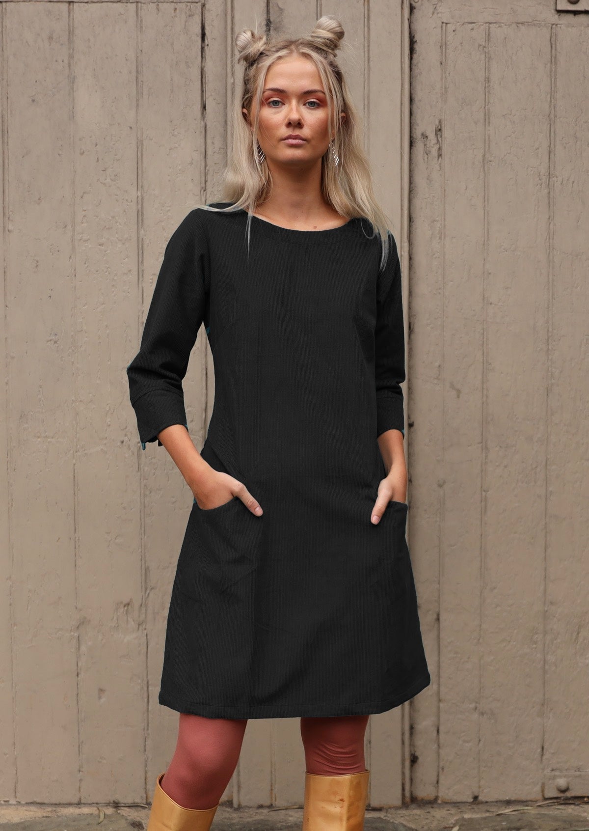 Black 3/4 Sleeve Corduroy Tunic Dress