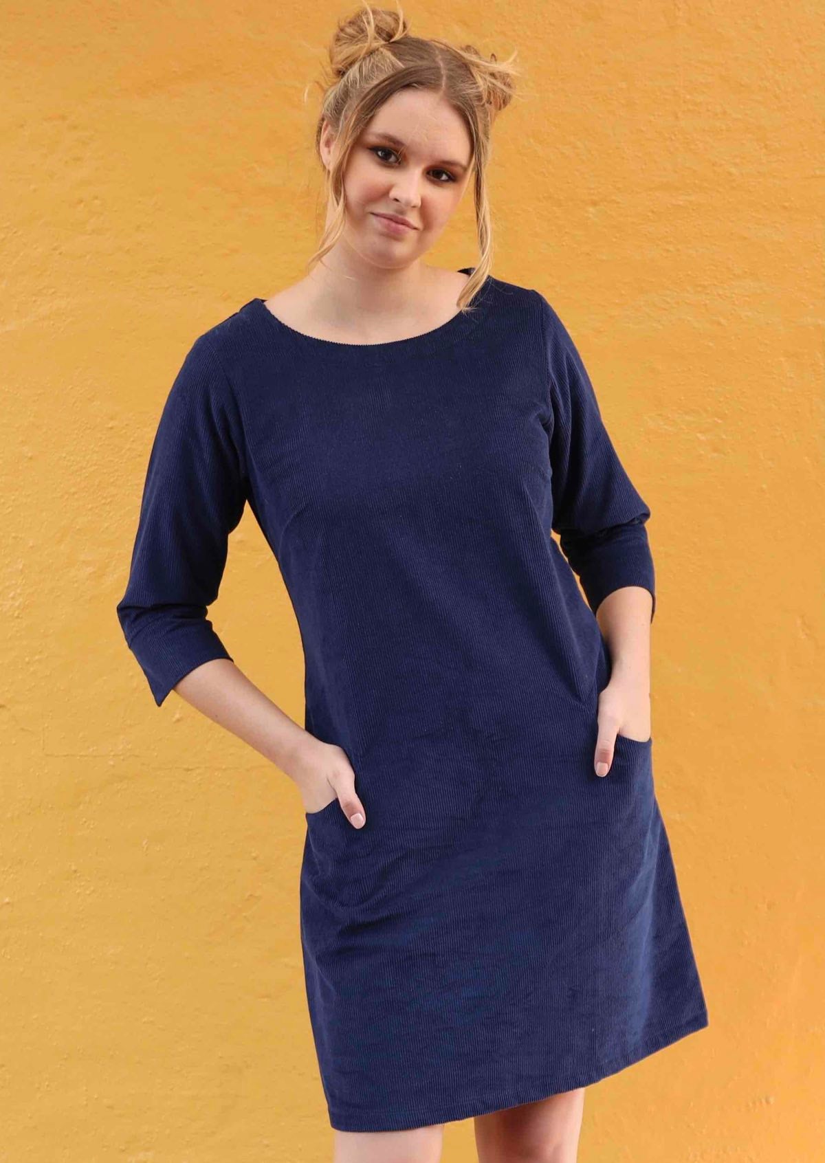 Jamie Cord Dress 3/4 sleeve round neck a-line skirt front pockets side zipper above knee length thick cotton corduroy navy blue | Karma East Australia