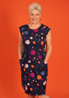 Kari Dress Bold Printed 100% Cotton Womens Dress | Karma East Australia round neckline cap sleeve tailored fit knee length dress with pockets