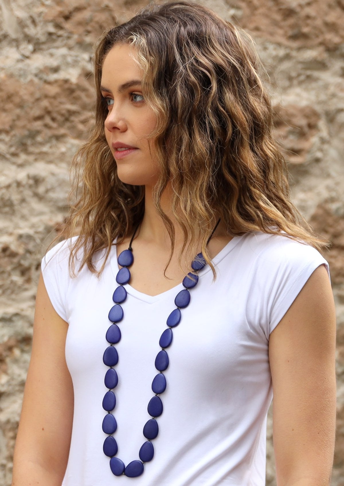 Buy wholesale Wooden Squares on Cotton Cord Necklace - Long - Cobalt blue