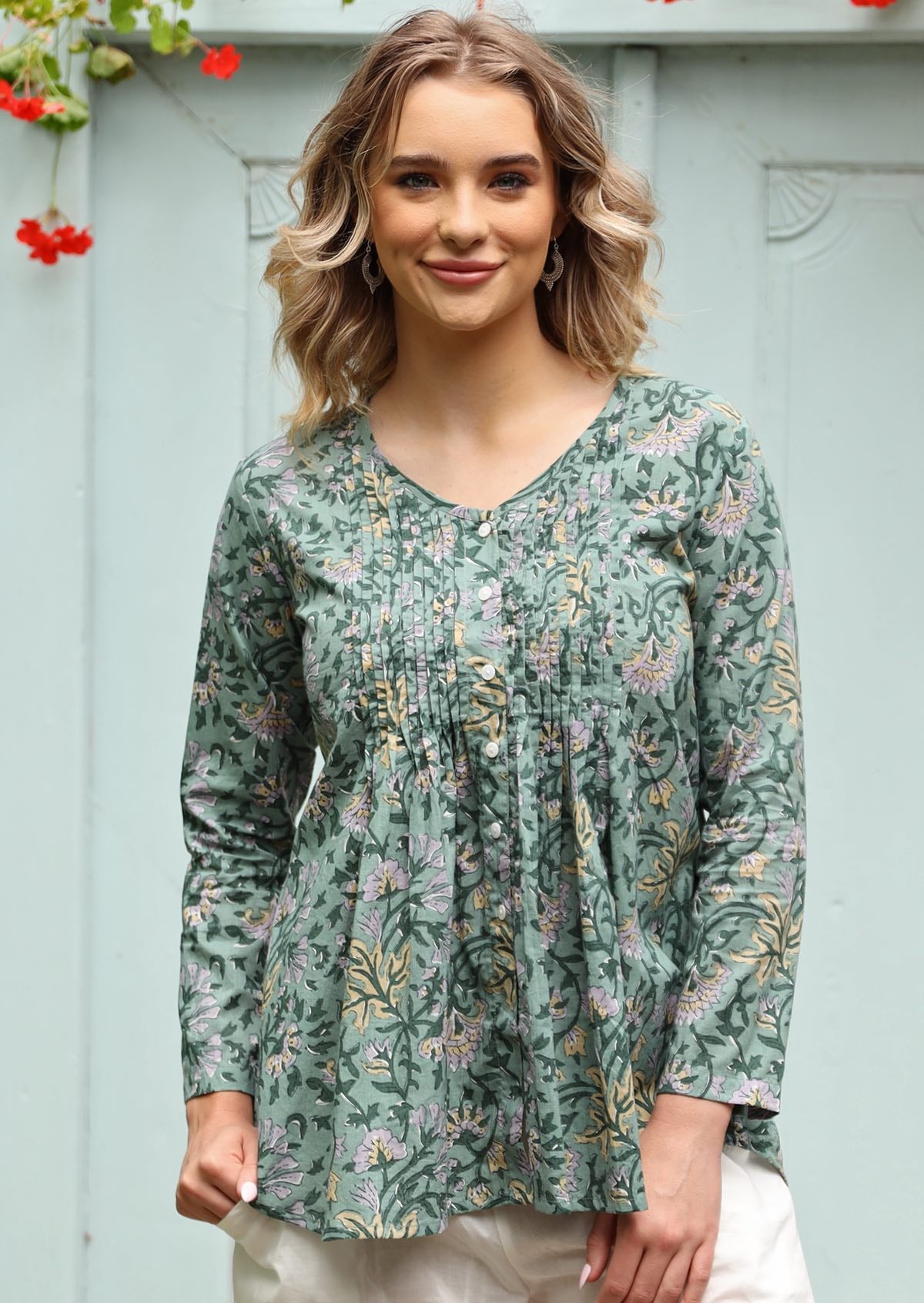 V-neck green floral long sleeve, button through blouse in sage green based floral print