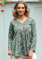 V-neck green floral long sleeve, button through blouse in sage green based floral print