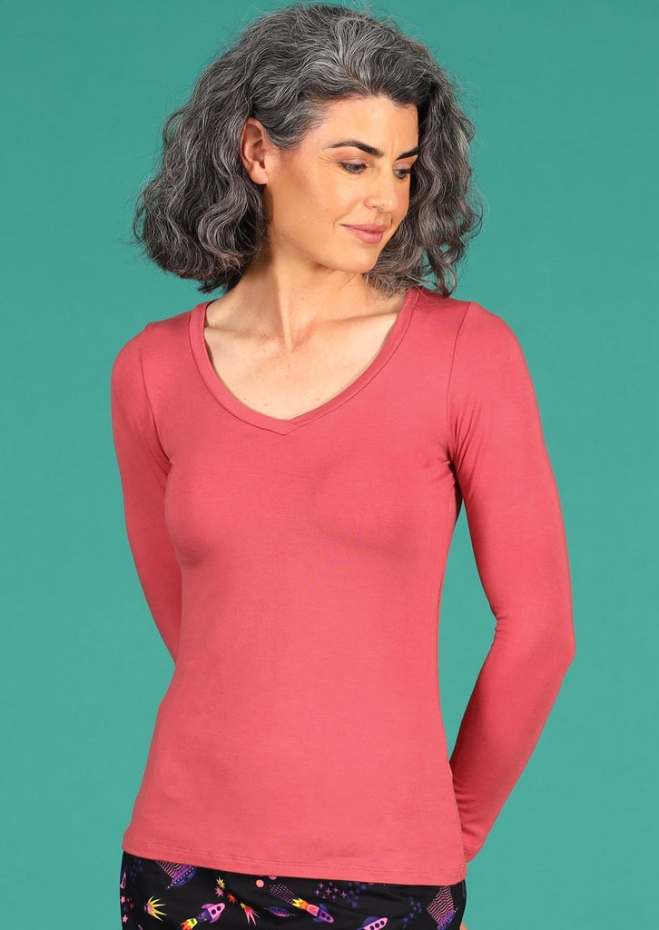 Long Sleeve Stretch V-neck Top soft rayon rose pink | Karma East Australia