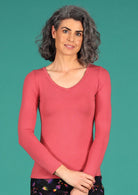 v-neck basic long sleeve pink women's