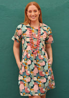 Mabel Dress Short Sleeve Relaxed fit Pastel Toned Spotted Printed Cotton Dress | Karma East Australia cotton dress gathered pleats at waistline above knee length with pockets