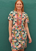 Teal background pastel toned spot print  100% cotton dress