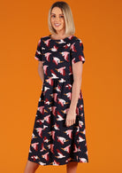 bird print cotton mid length dress with short sleeves
