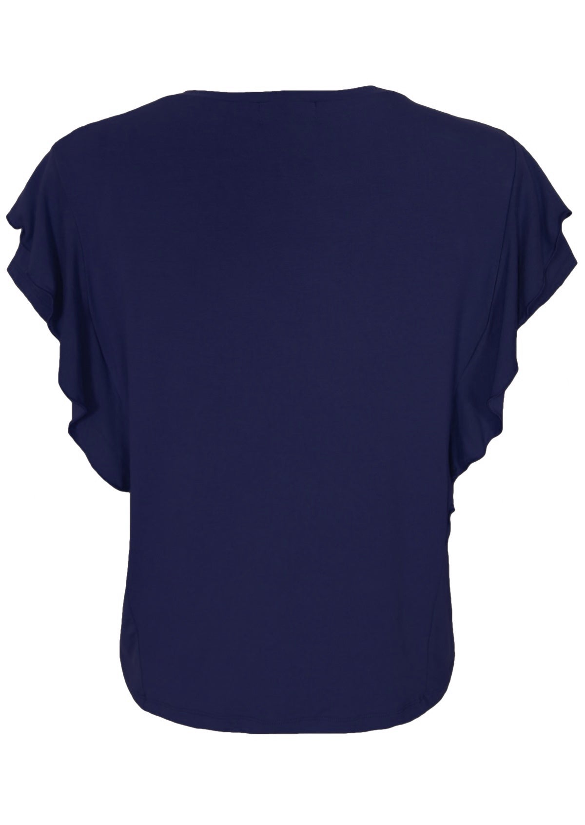 Back view of a navy blue ruffle rayon top.