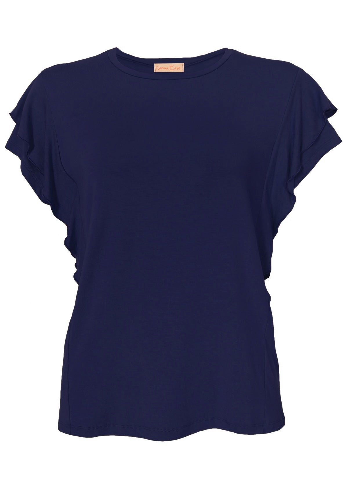 Front view of a navy blue ruffle rayon top.