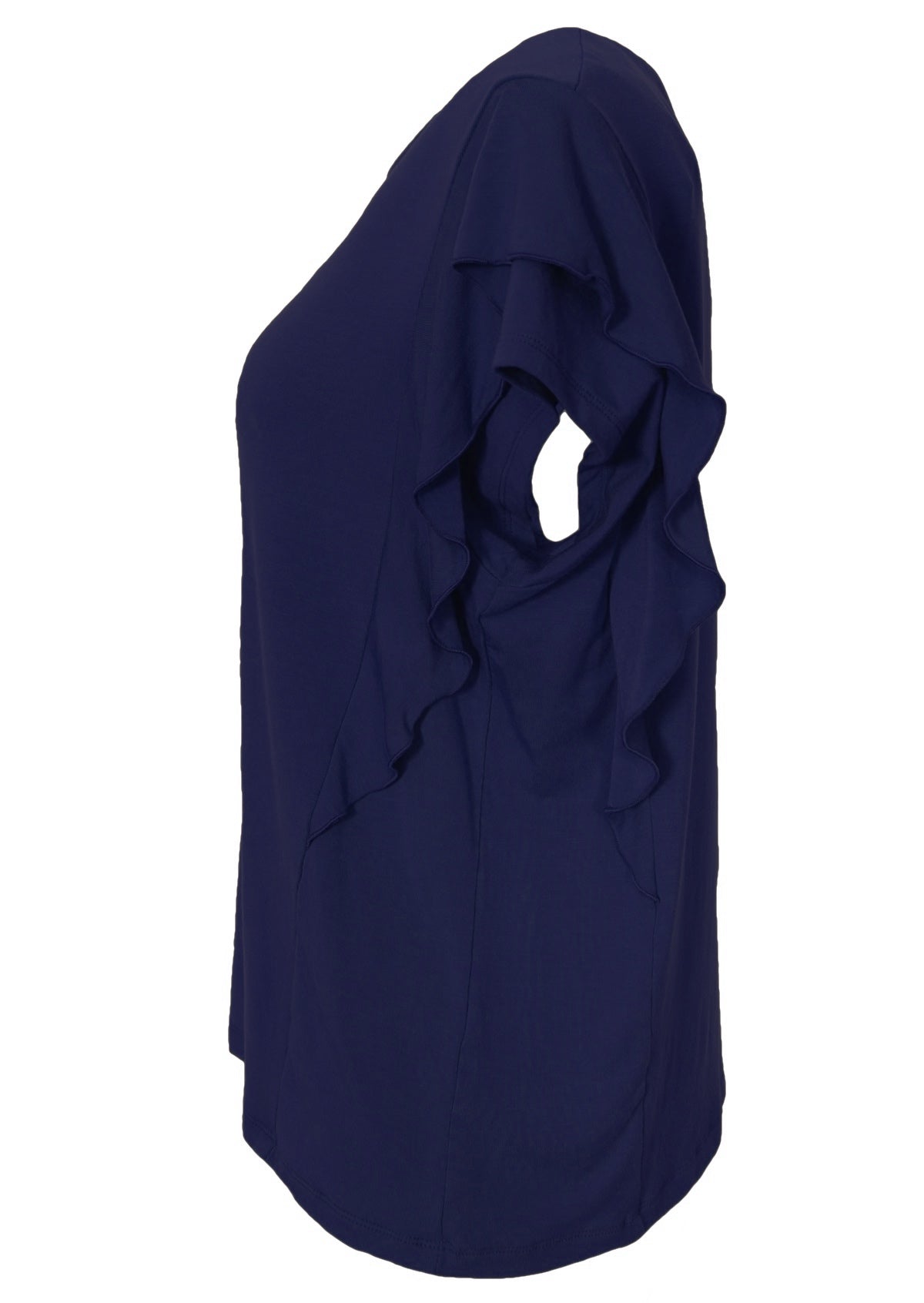 Side view of a navy blue ruffle rayon top.