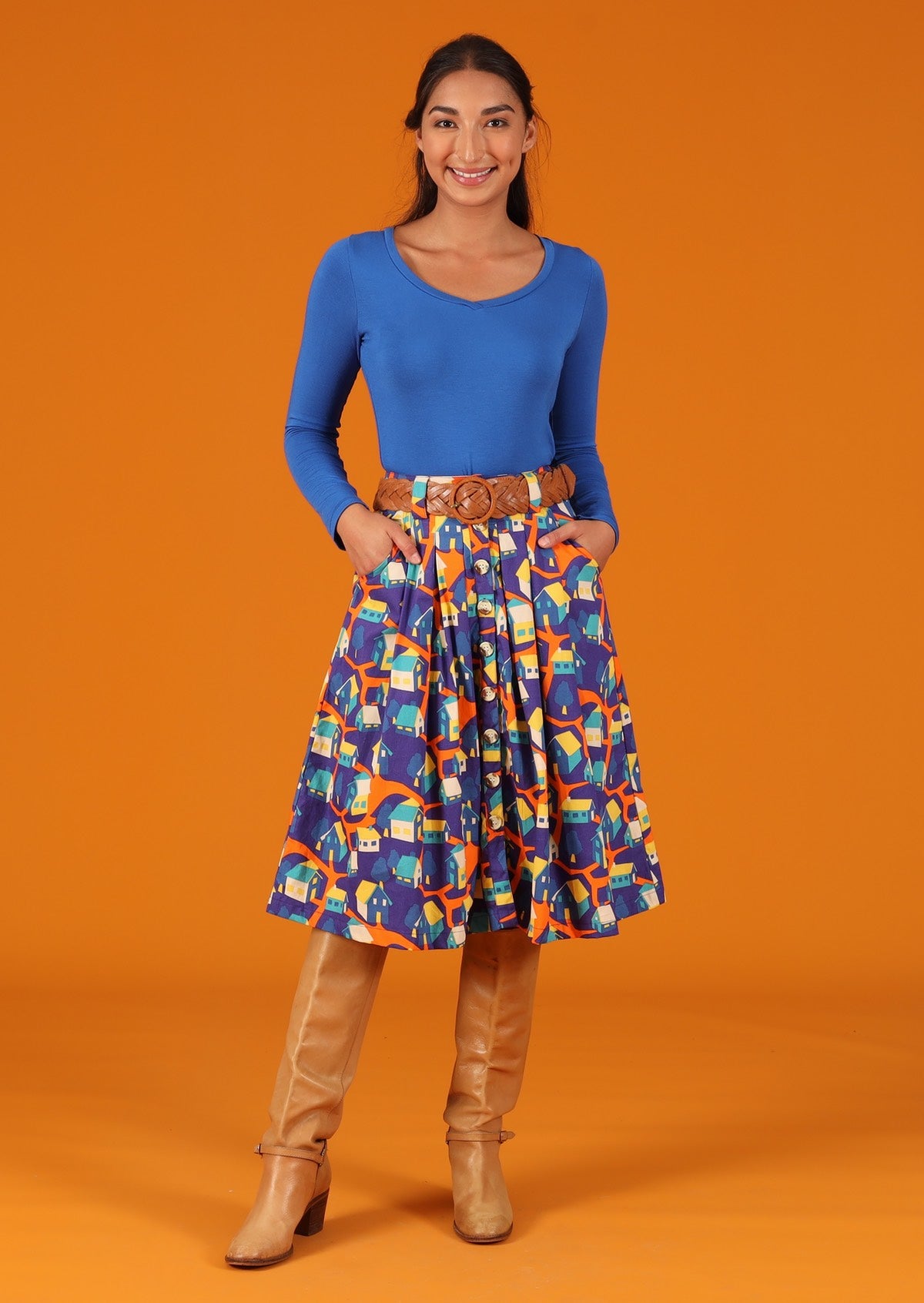 button front retro colourful cotton skirt