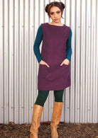 Polly Pocket Cord Tunic Dress shapely bodice a-line skirt high round neck sleeveless front pockets above knee length 100% cotton corduroy purple | Karma East Australia