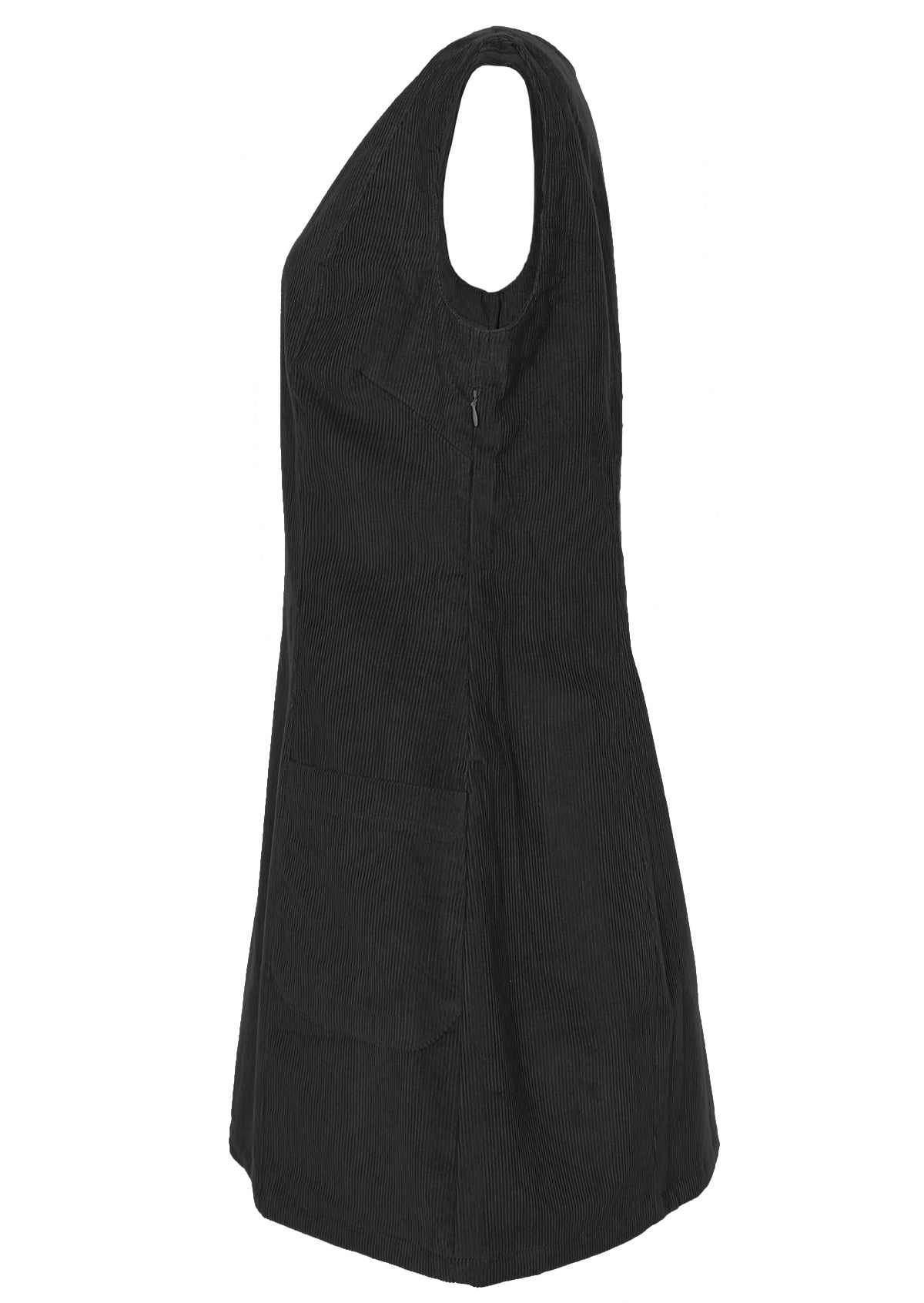 side view of black corduroy dress with side zip