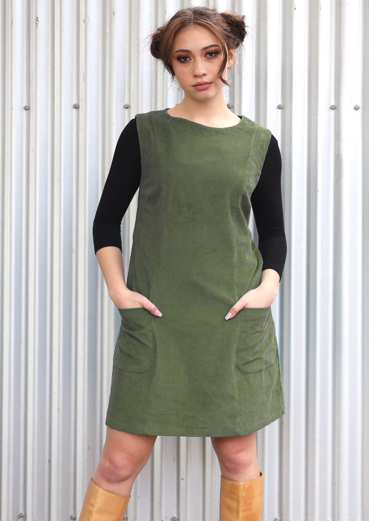 Polly Pocket Cord Tunic Dress shapely bodice a-line skirt high round neck sleeveless front pockets above knee length 100% cotton corduroy olive green | Karma East Australia