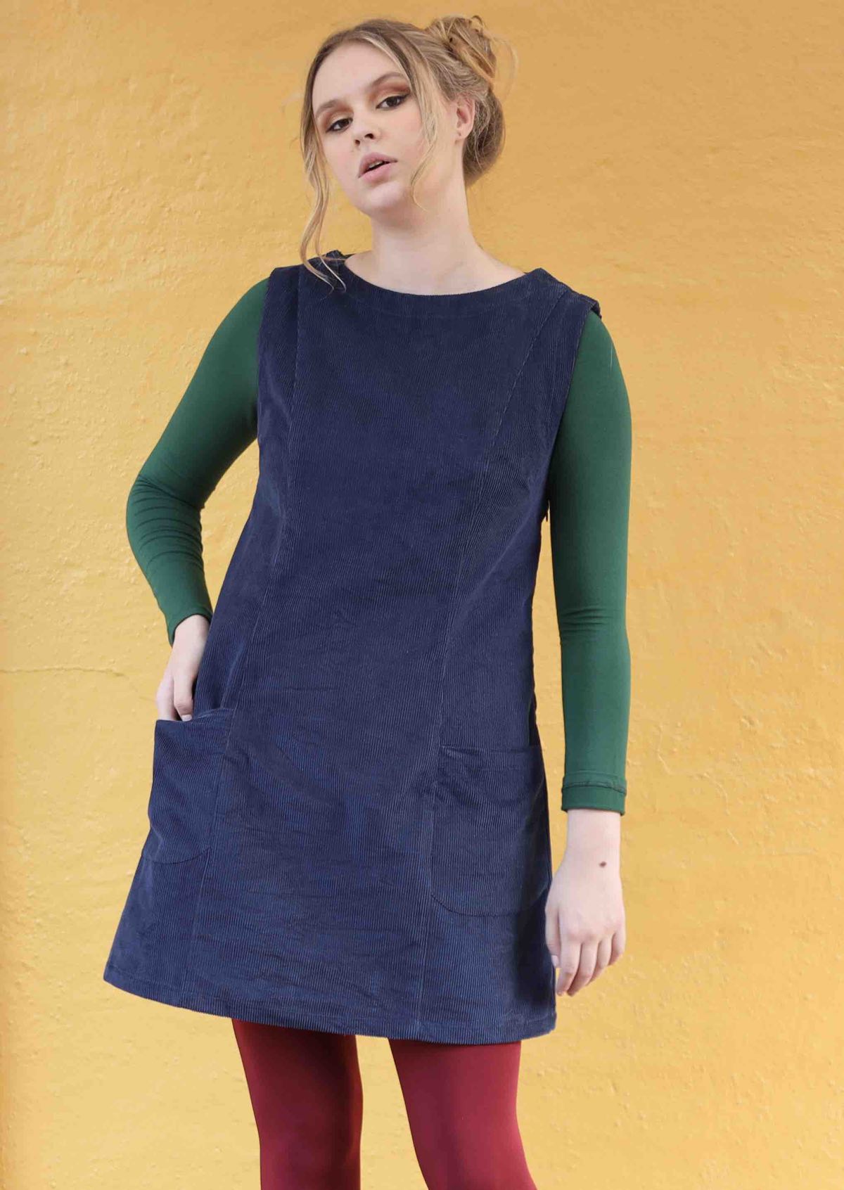 Polly Pocket Cord Tunic Dress shapely bodice a-line skirt high round neck sleeveless front pockets above knee length 100% cotton corduroy navy blue | Karma East Australia