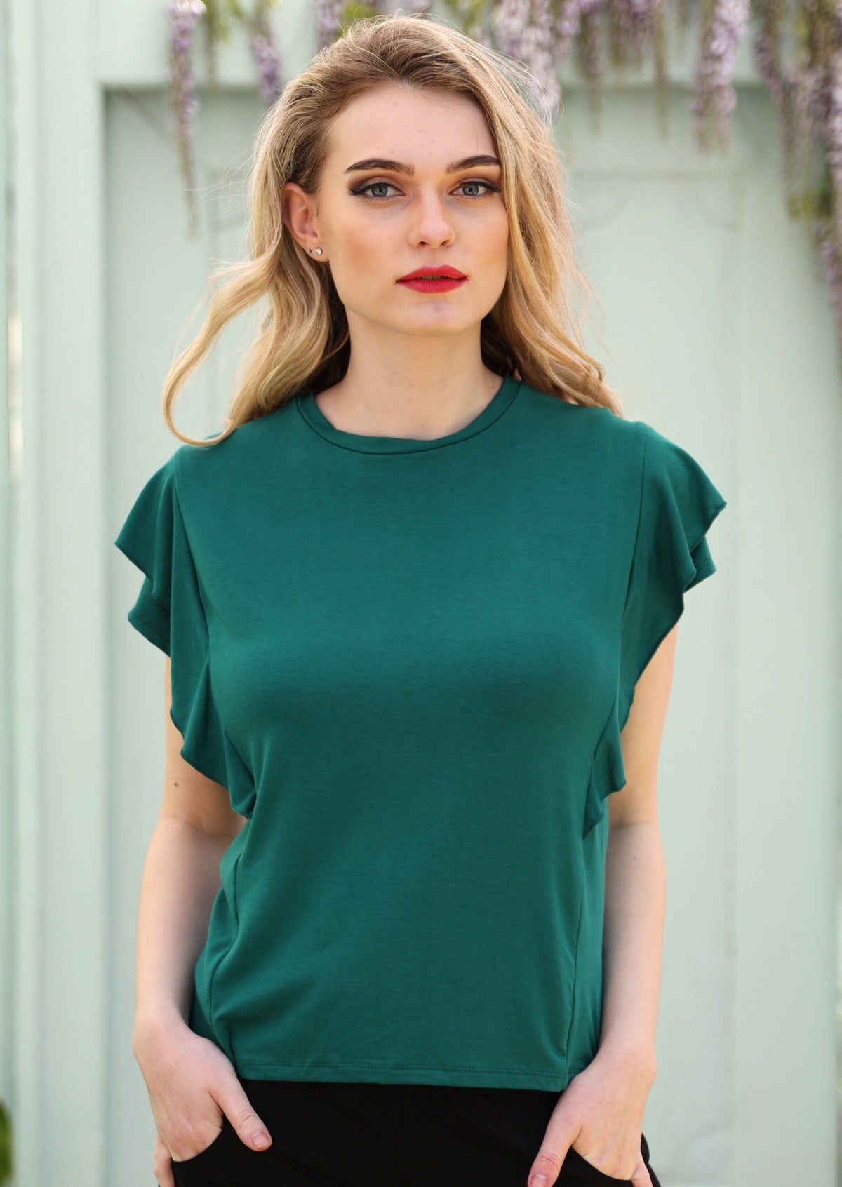 green ruffle sleeve top