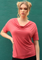 Sara Top short sleeve cowl neck loose fit soft stretch rayon rose pink | Karma East Australia