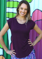 Shell T-shirt short sleeve round neck rounded bottom hem soft stretch rayon dark purple | Karma East Australia