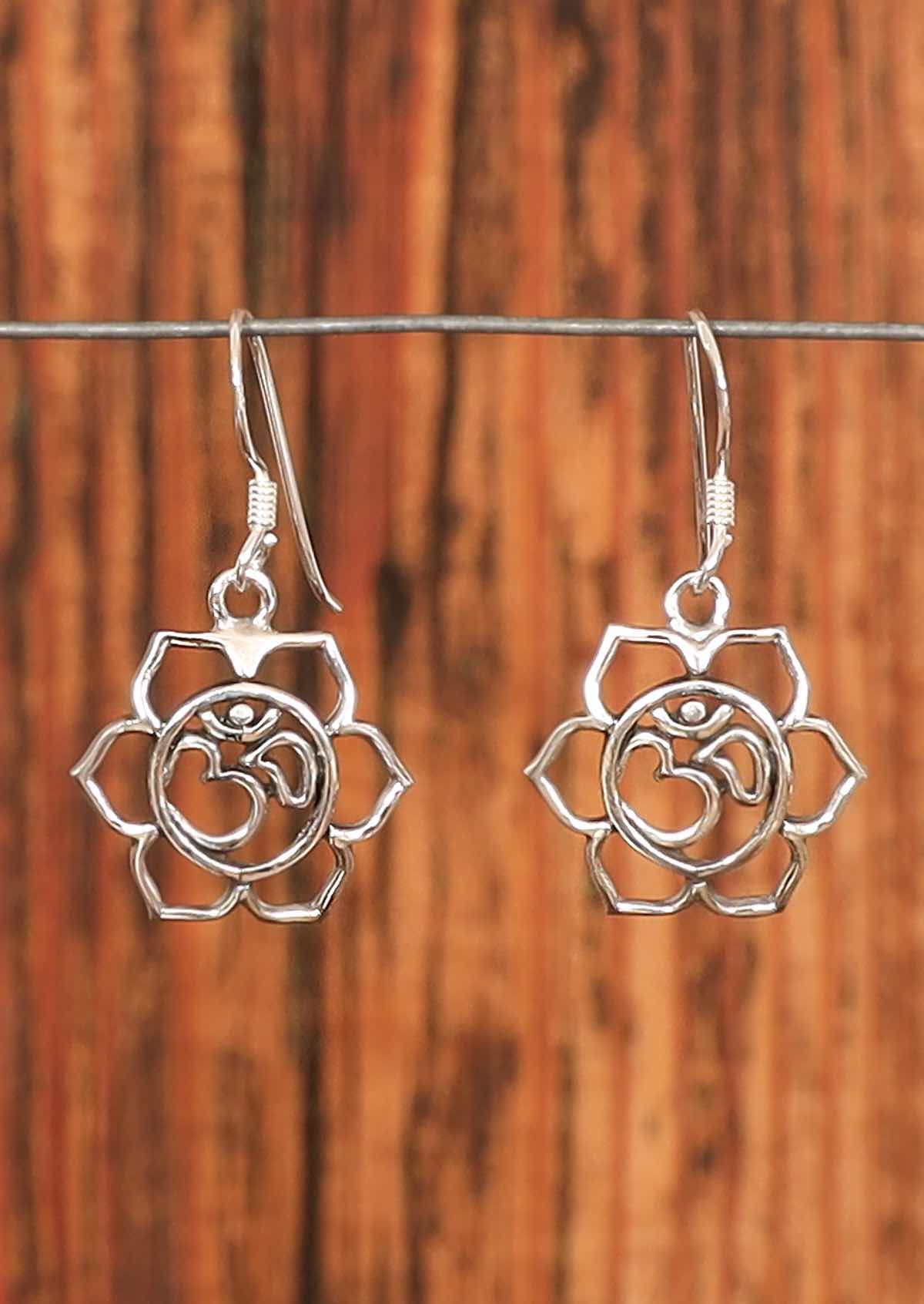 sterling silver lotus with Om symbol hook earrings Australia