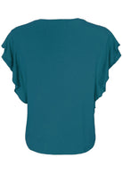 Back view of a women's teal ruffle rayon top.