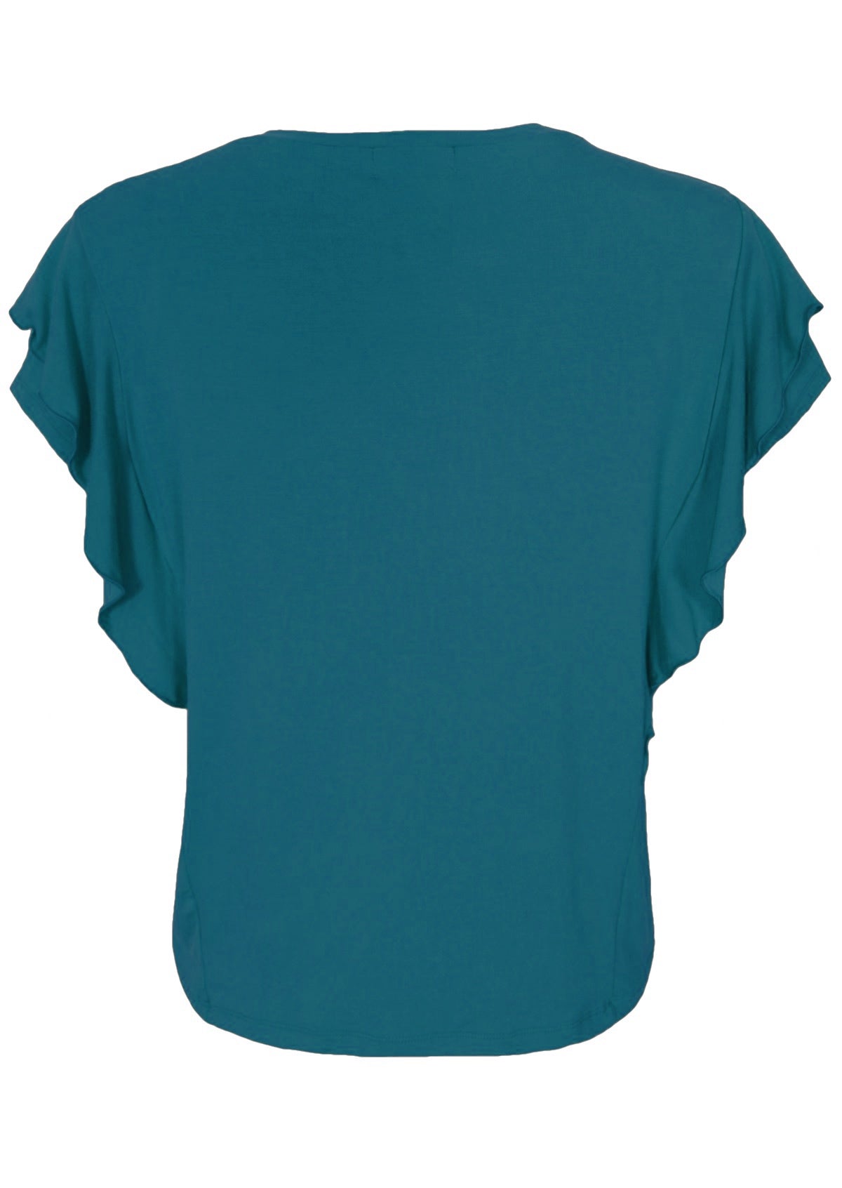 Back view of a women's teal ruffle rayon top.