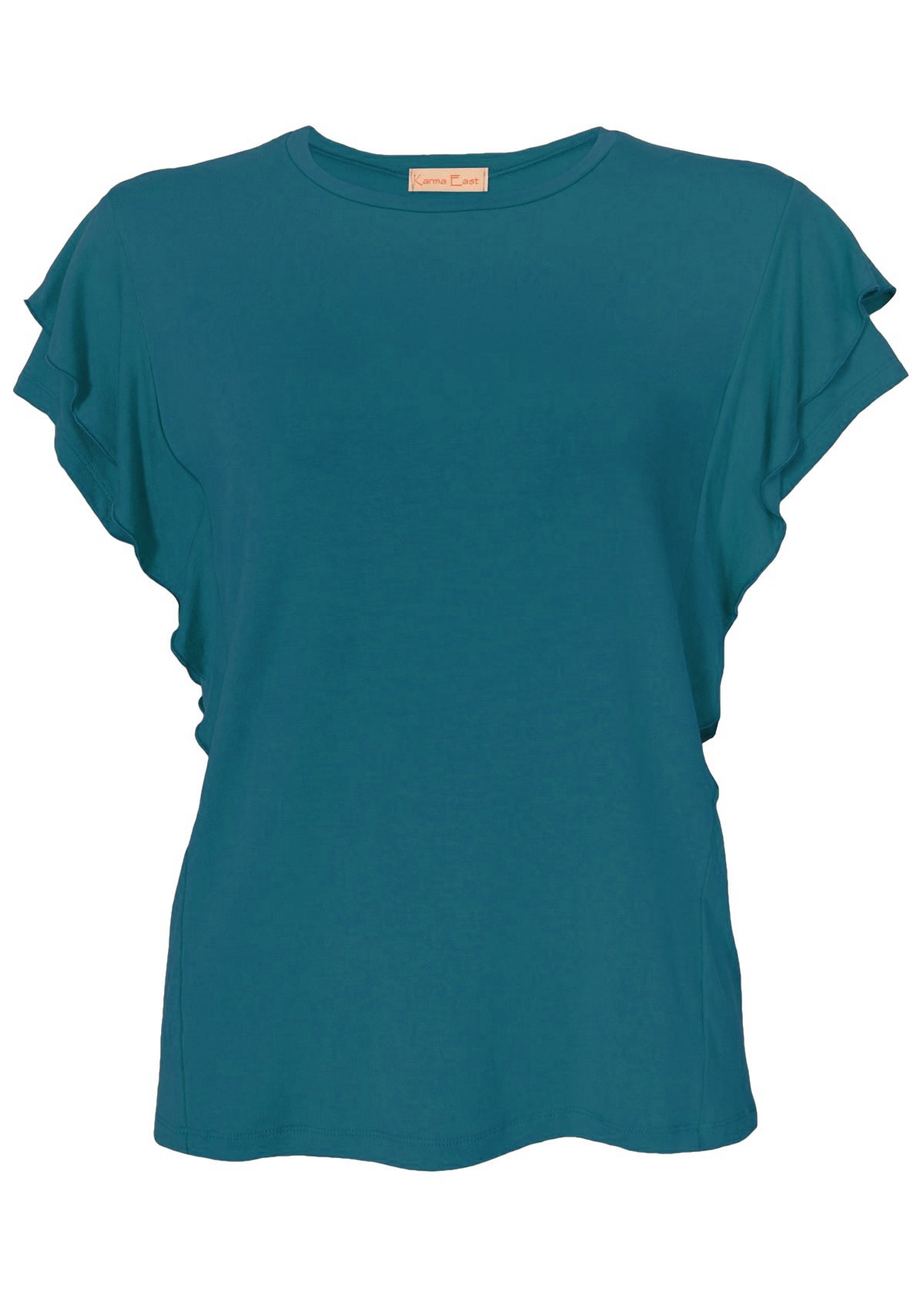 Front view of a women's teal ruffle rayon top.